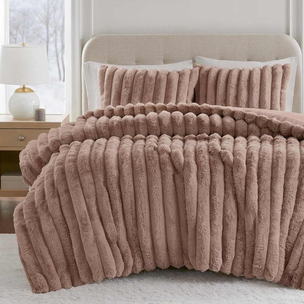 image:imageJasmine Ultrasoft Faux Fur Ribbed Comforter Set  Blanket by Madison ParkMocha