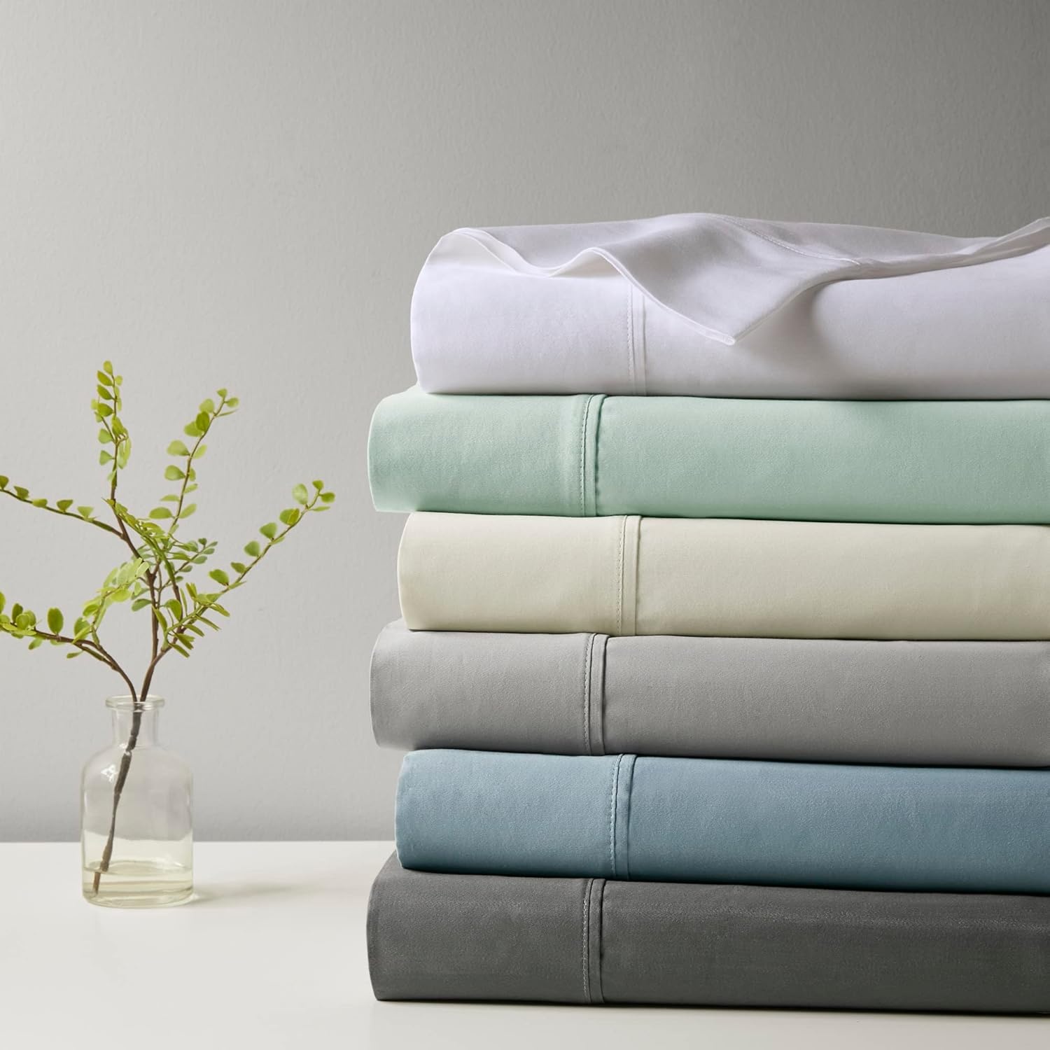 image:imageMadison Park 1000 Thread Count Solid Color Sheet Set Elastic Deep Pocket All Season Breathable HeiQ Smart Temperature Soft Cotton Blend Bedding Matching Pillowcase Full Blue 4 PieceIvory