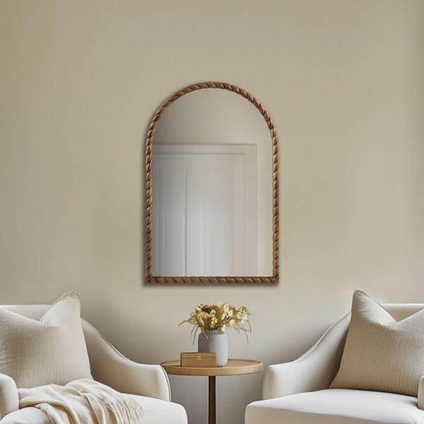 image:imageMadison Park Arched Wall Mirror 24x36 Arch Bathroom MirrorWallMounted Vanity Mirror with Woven Wooden Frame for Bathroom Living RoomBedroom Arch Mirror for DecorBrown