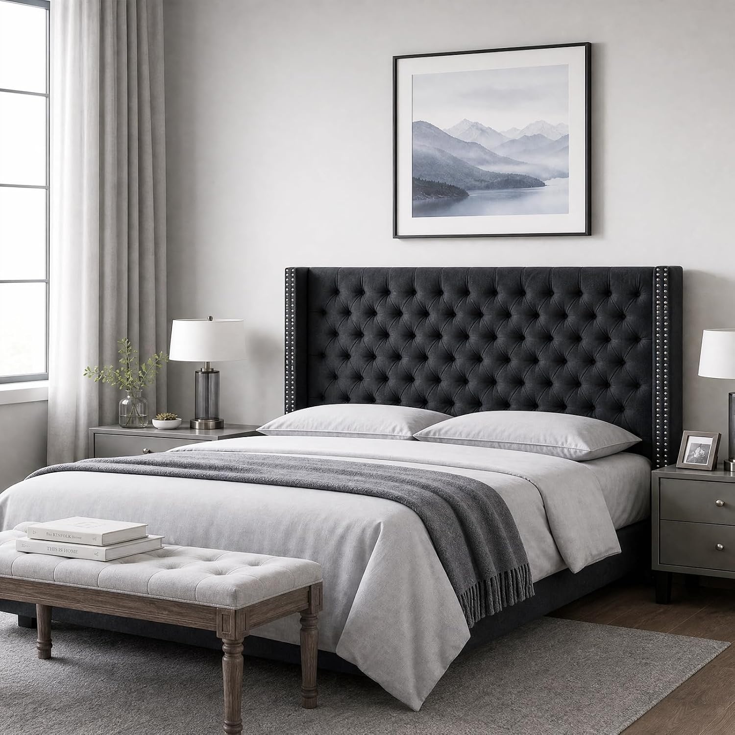 image:imageMadison Park Queen Wingback Upholstered Tufted Headboard Featuring HighDensity Sponge Padding Adjustable Height Headboard Easy Assembly Beige WovenBlack Velvet