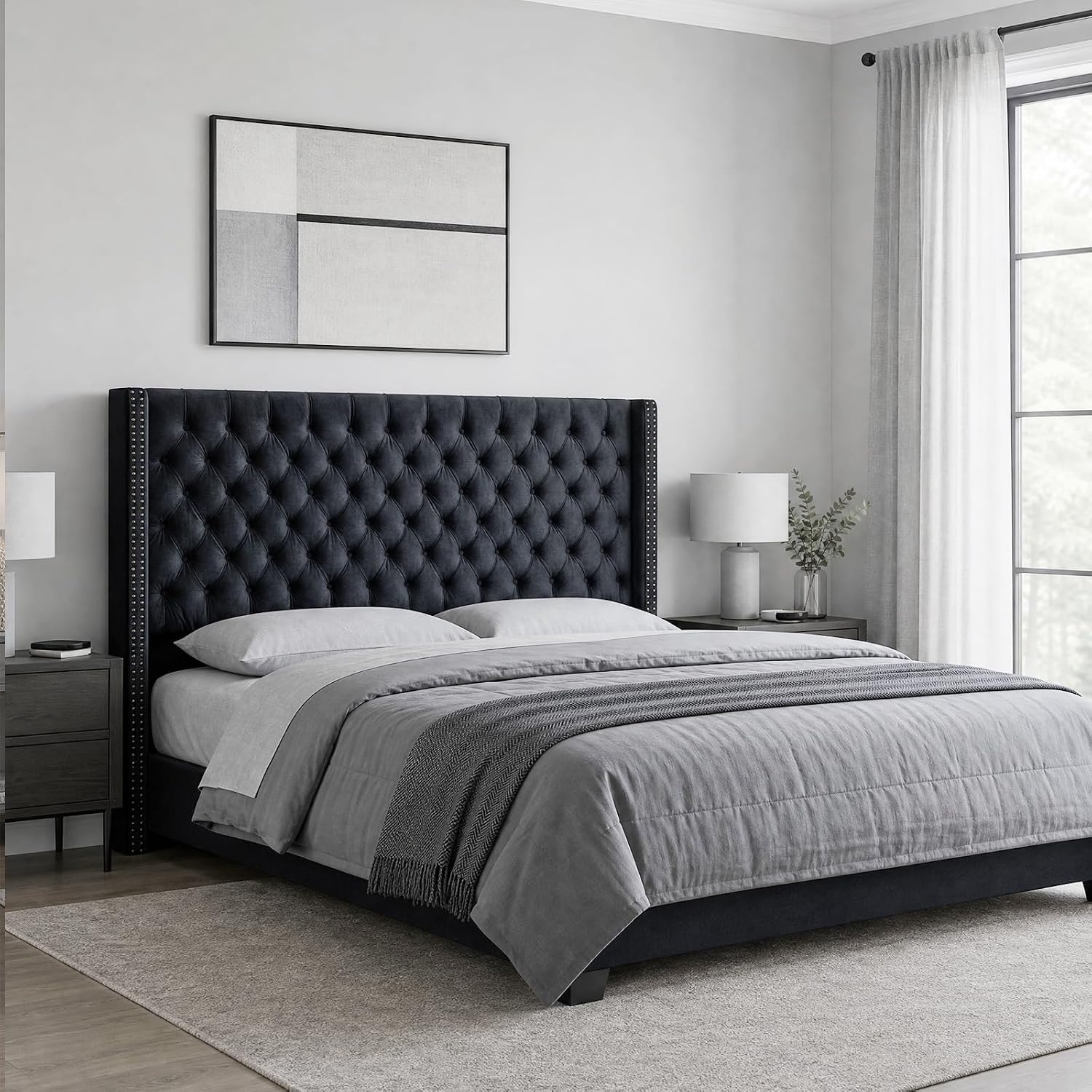 image:imageMadison Park Queen Wingback Upholstered Tufted Headboard Featuring HighDensity Sponge Padding Adjustable Height Headboard Easy Assembly Beige WovenBlack Velvet
