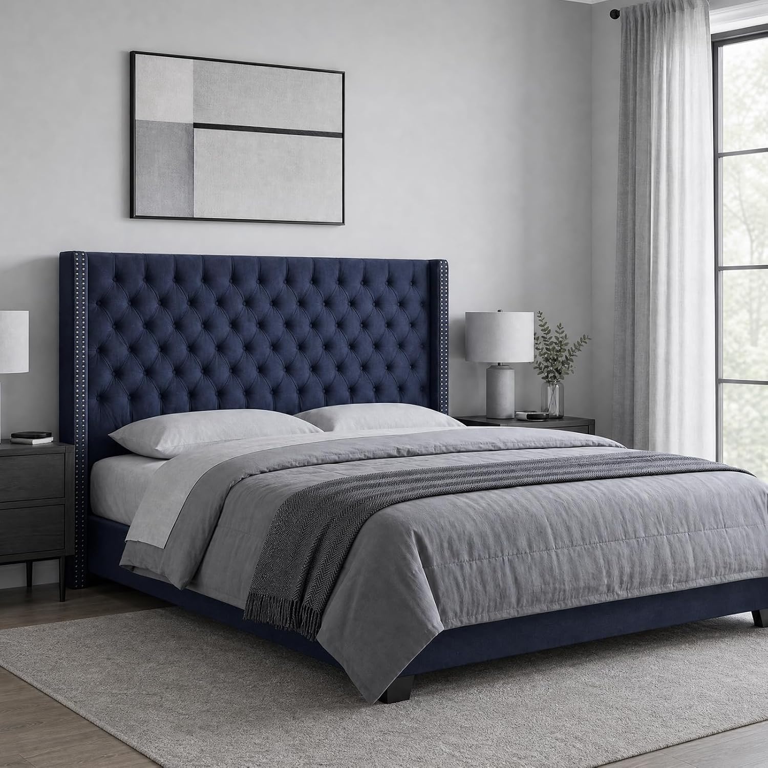 image:imageMadison Park Queen Wingback Upholstered Tufted Headboard Featuring HighDensity Sponge Padding Adjustable Height Headboard Easy Assembly Beige WovenNavy