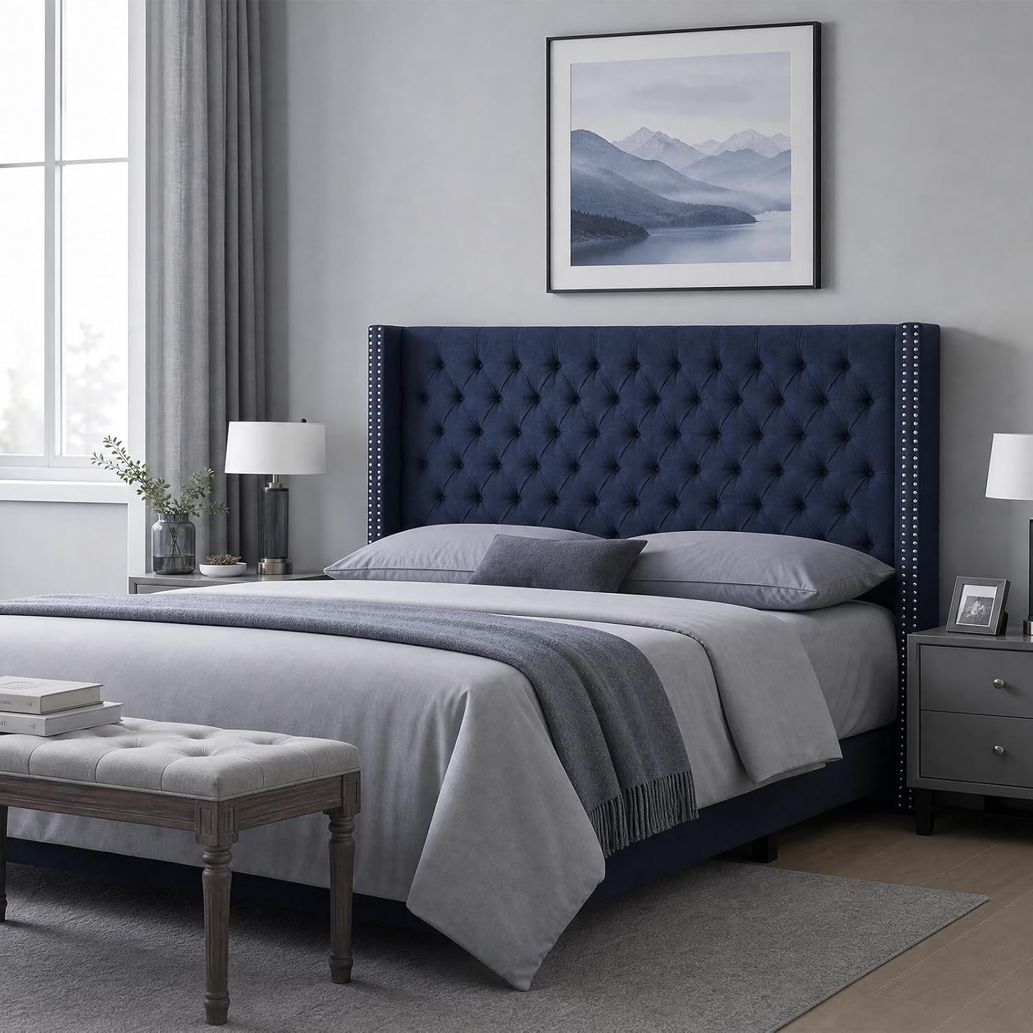 image:imageMadison Park Queen Wingback Upholstered Tufted Headboard Featuring HighDensity Sponge Padding Adjustable Height Headboard Easy Assembly Beige WovenNavy