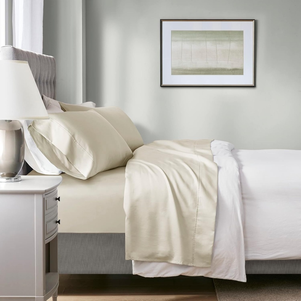 image:imageMadison Park 1000 Thread Count Solid Color Sheet Set Elastic Deep Pocket All Season Breathable HeiQ Smart Temperature Soft Cotton Blend Bedding Matching Pillowcase Full Blue 4 PieceIvory