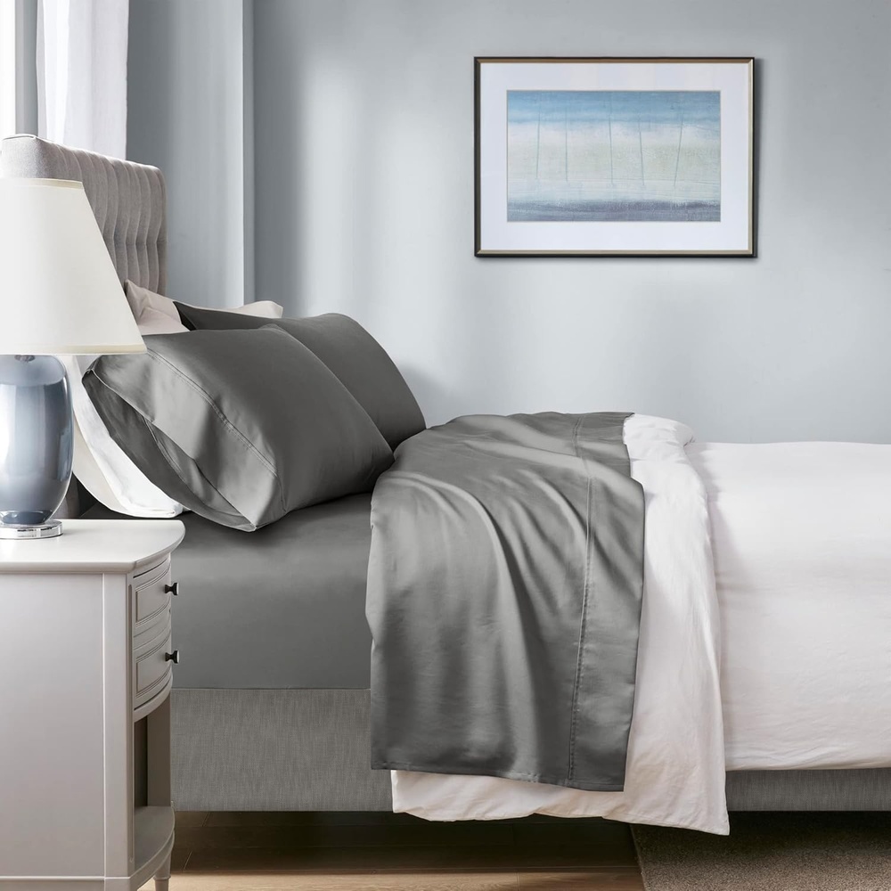 image:imageMadison Park 1000 Thread Count Solid Color Sheet Set Elastic Deep Pocket All Season Breathable HeiQ Smart Temperature Soft Cotton Blend Bedding Matching Pillowcase Full Blue 4 PieceCharcoal