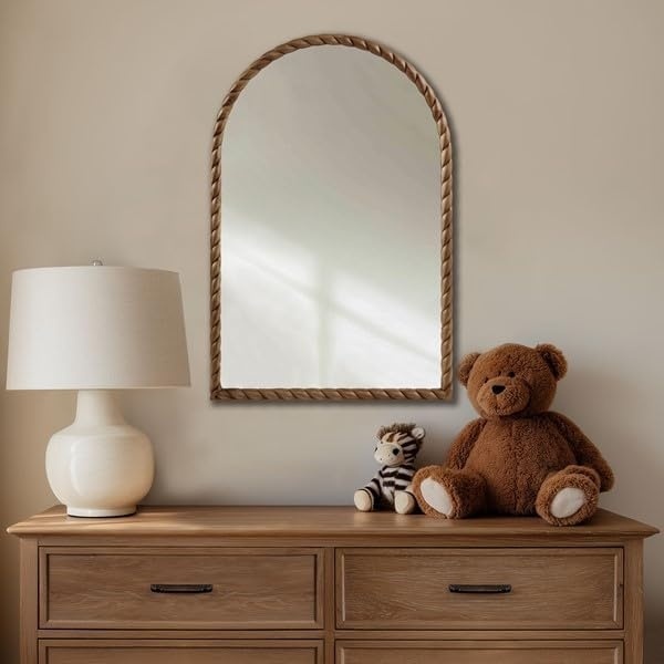 image:imageMadison Park Arched Wall Mirror 24x36 Arch Bathroom MirrorWallMounted Vanity Mirror with Woven Wooden Frame for Bathroom Living RoomBedroom Arch Mirror for DecorBrown