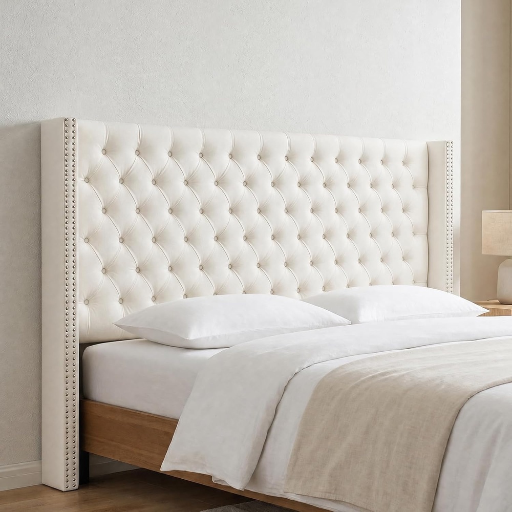 image:imageMadison Park Queen Wingback Upholstered Tufted Headboard Featuring HighDensity Sponge Padding Adjustable Height Headboard Easy Assembly Beige WovenBeige Velvet