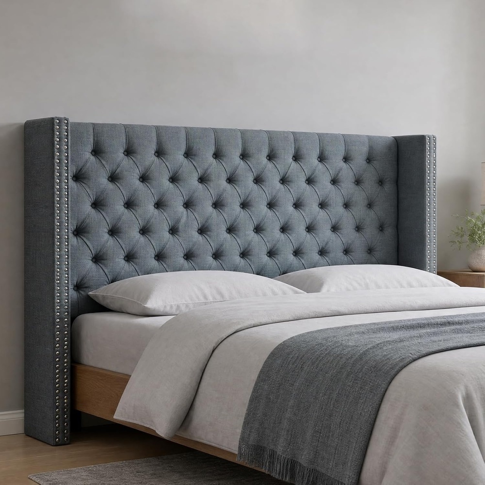 image:imageMadison Park Queen Wingback Upholstered Tufted Headboard Featuring HighDensity Sponge Padding Adjustable Height Headboard Easy Assembly Beige WovenDark Grey Woven