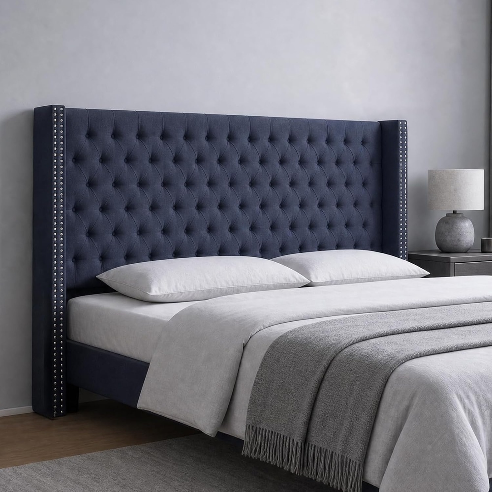 image:imageMadison Park Queen Wingback Upholstered Tufted Headboard Featuring HighDensity Sponge Padding Adjustable Height Headboard Easy Assembly Beige WovenNavy