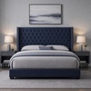 Madison Park Queen Wingback Upholstered Tufted Headboard, Featuring High-Density Sponge Padding, Adjustable Height Headboard, Easy Assembly, Beige Woven(Navy)