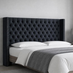 Madison Park Queen Wingback Upholstered Tufted Headboard, Featuring High-Density Sponge Padding, Adjustable Height Headboard, Easy Assembly, Beige Woven(Black Velvet)