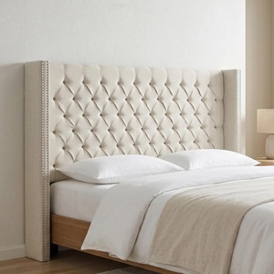 Madison Park Queen Wingback Upholstered Tufted Headboard, Featuring High-Density Sponge Padding, Adjustable Height Headboard, Easy Assembly, Beige Woven(Cream)