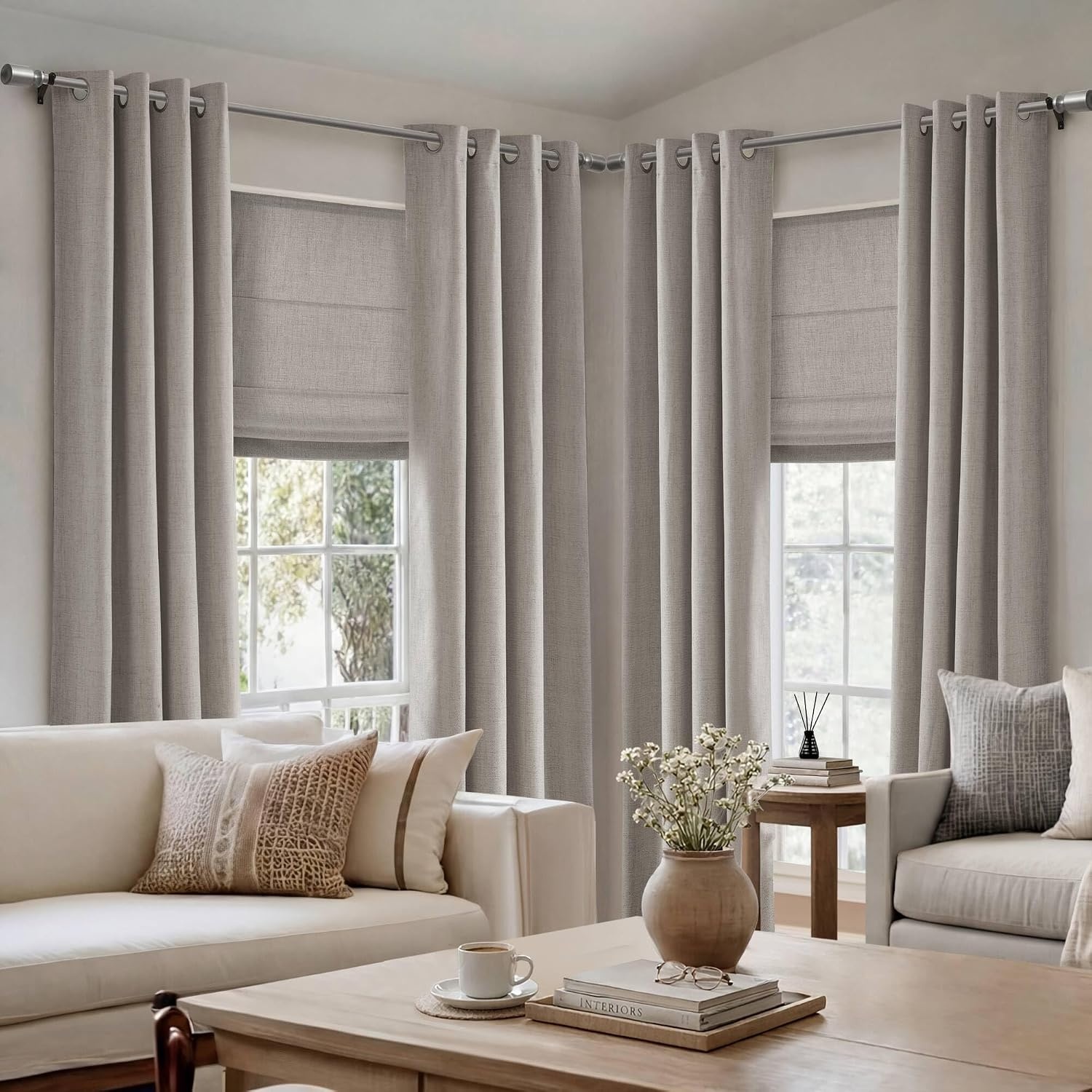 image:imageMadison Park Cordless Roman Shades for Indoor Windows 35 W x 64 H Neutral Thermal Insulated Linen Textured Shades Room Darkening UV Blocking Privacy Window Blinds for Bedroom amp Living RoomRoom Darkening Grey Woven