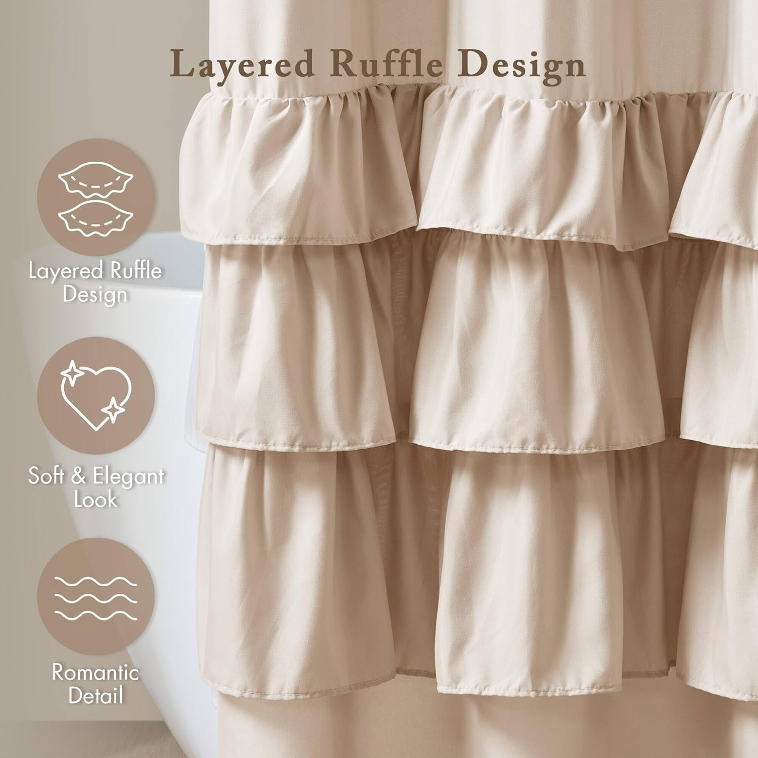 image:imageMadison Park Grace Ruffle Shower Curtain Shabby Chic Ruffled Design Farmhouse Cottage Bathroom Decor Machine Washable Fabric Privacy Screen 72x72 BeigeBeige