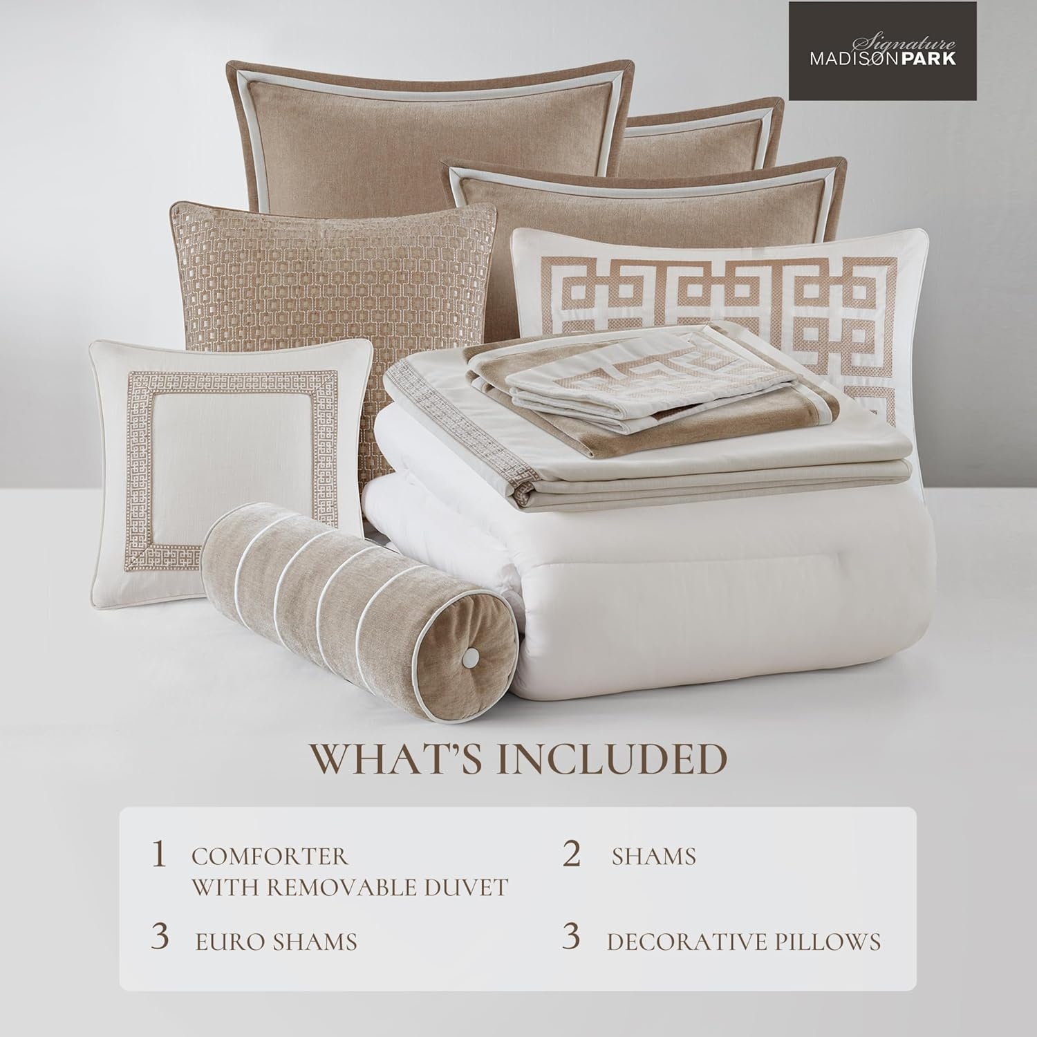 image:imageMadison Park Signature Oversized King Comforter Set Luxury Hotel Style Bedding with Embroidered Details All Season Down Alternative Comforter Matching Shams amp Decorative Pillows Taupe 9 PieceIvoryTan