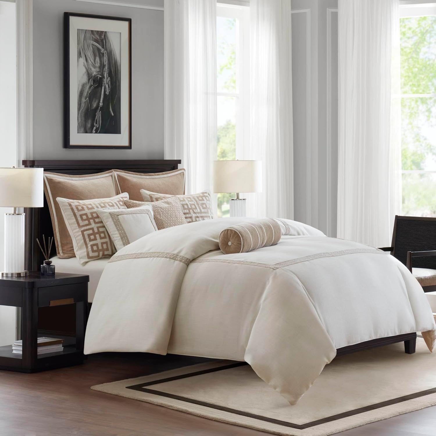 image:imageMadison Park Signature Oversized King Comforter Set Luxury Hotel Style Bedding with Embroidered Details All Season Down Alternative Comforter Matching Shams amp Decorative Pillows Taupe 9 PieceIvoryTan