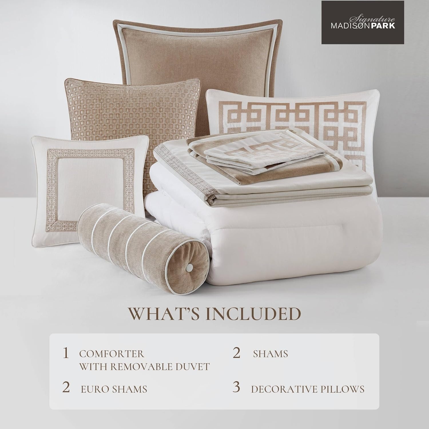 image:imageMadison Park Signature Oversized King Comforter Set Luxury Hotel Style Bedding with Embroidered Details All Season Down Alternative Comforter Matching Shams amp Decorative Pillows Taupe 9 PieceIvoryTan