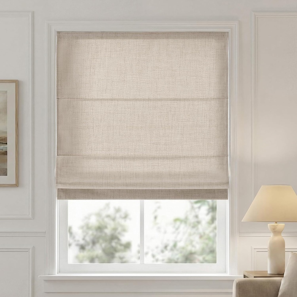image:imageMadison Park Cordless Roman Shades for Indoor Windows 35 W x 64 H Neutral Thermal Insulated Linen Textured Shades Room Darkening UV Blocking Privacy Window Blinds for Bedroom amp Living RoomRoom Darkening Neutral Woven