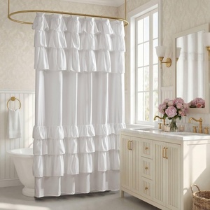 Madison Park Grace Ruffle Shower Curtain, Shabby Chic Ruffled Design, Farmhouse Cottage Bathroom Decor, Machine Washable, Fabric Privacy Screen 72×72, Beige(White)