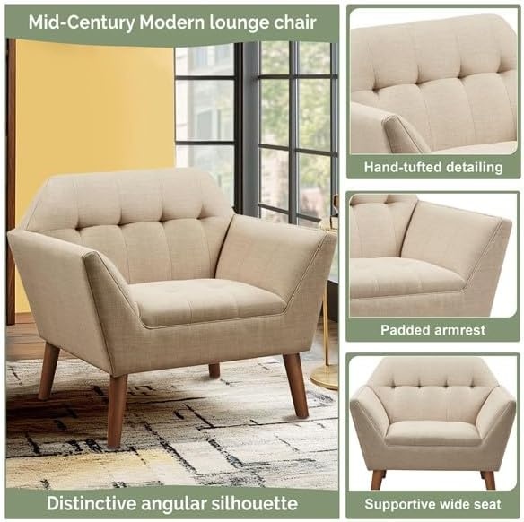 image:imageInkIvy Newport Wide MidCentury Modern Lounge Chair HandTufted Velvet Upholstered Accent Armchair with Solid Wood Pecan Legs for Living Room Bedroom ReadingGreen