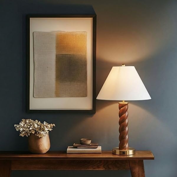 image:imageInkIvy Twisted Faux Wood Finish Table Lamp with White lampshade Integrated USBC Charging Port One Type A Bulb is Included for Bedroom Nightstands Living Room