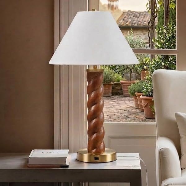 image:imageInkIvy Twisted Faux Wood Finish Table Lamp with White lampshade Integrated USBC Charging Port One Type A Bulb is Included for Bedroom Nightstands Living Room