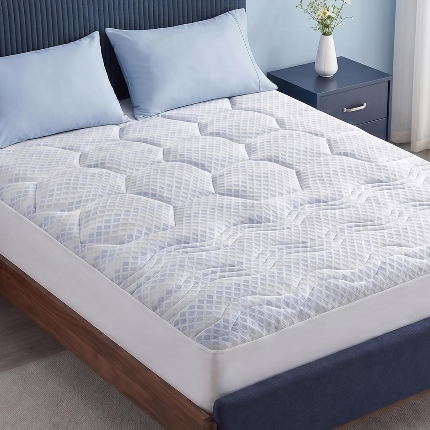 image:imageMadison Park 3Zone Breathable Knit Quilted Mattress Pad Blue Twin XL Naturally Cooling 3Zone Quilted Mattress Topper Cover 1518 inch Deep Pocket Elastic Skirt OEKOTEX CertifiedLight Blue