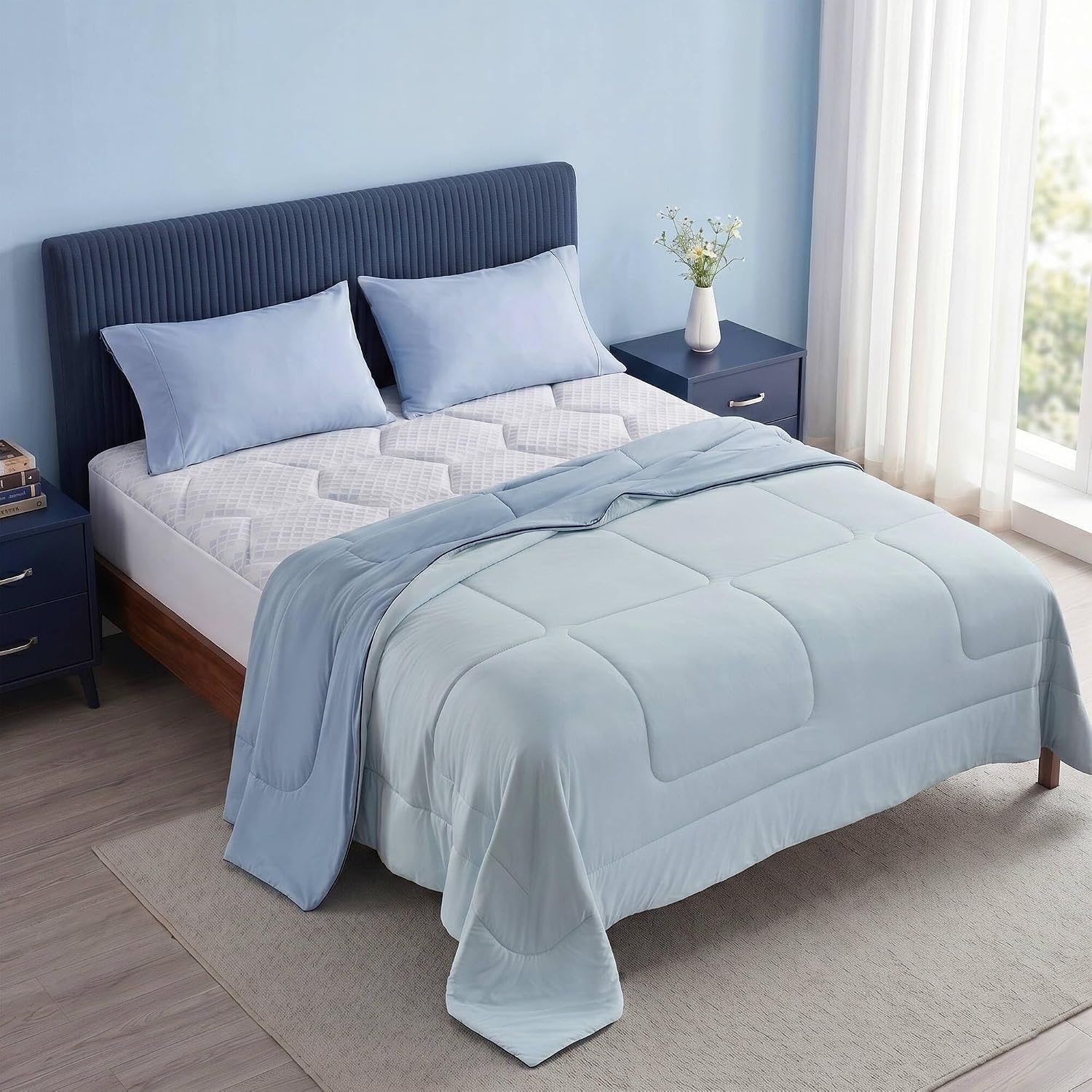 image:imageMadison Park 3Zone Breathable Knit Quilted Mattress Pad Blue Twin XL Naturally Cooling 3Zone Quilted Mattress Topper Cover 1518 inch Deep Pocket Elastic Skirt OEKOTEX CertifiedLight Blue