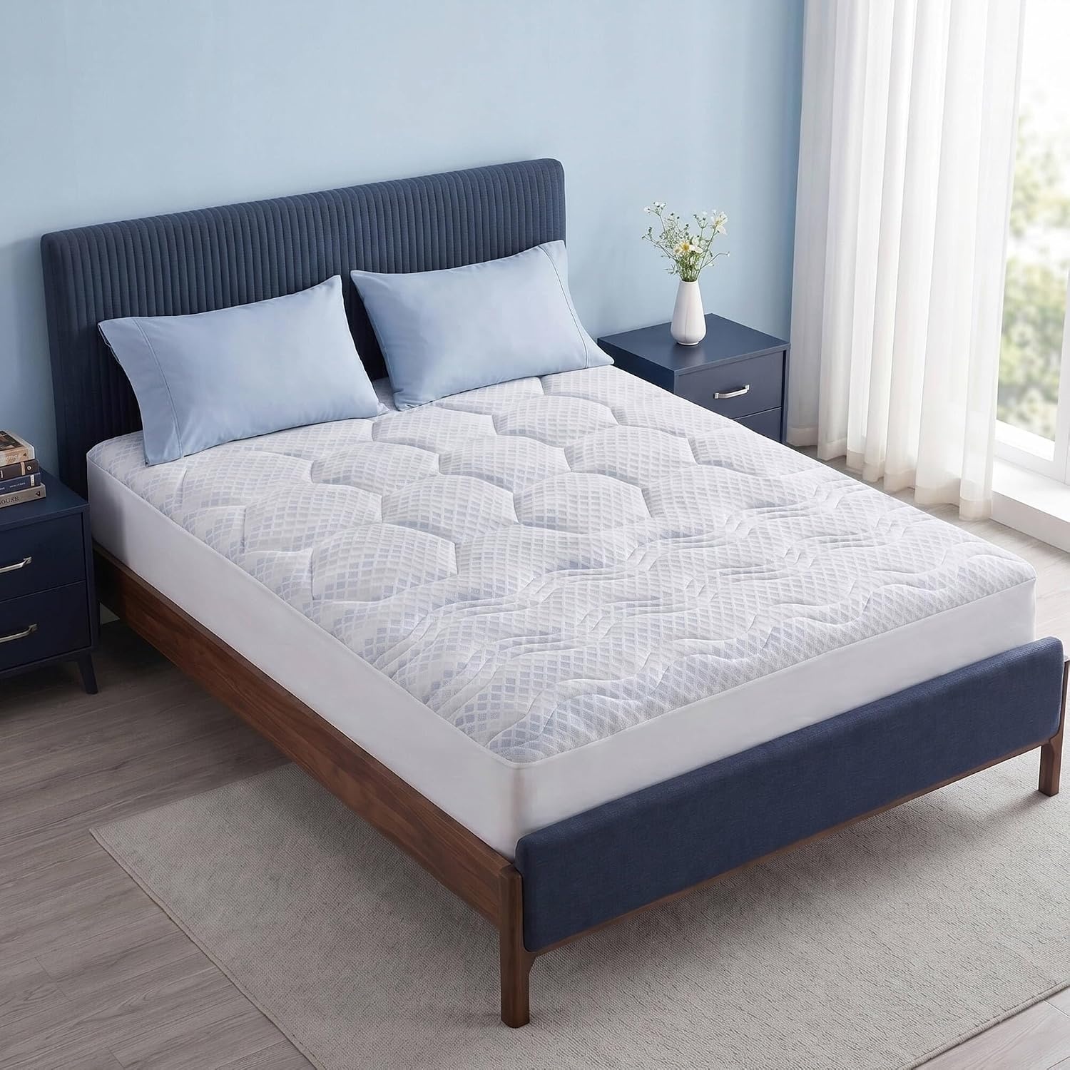 image:imageMadison Park 3Zone Breathable Knit Quilted Mattress Pad Blue Twin XL Naturally Cooling 3Zone Quilted Mattress Topper Cover 1518 inch Deep Pocket Elastic Skirt OEKOTEX CertifiedLight Blue