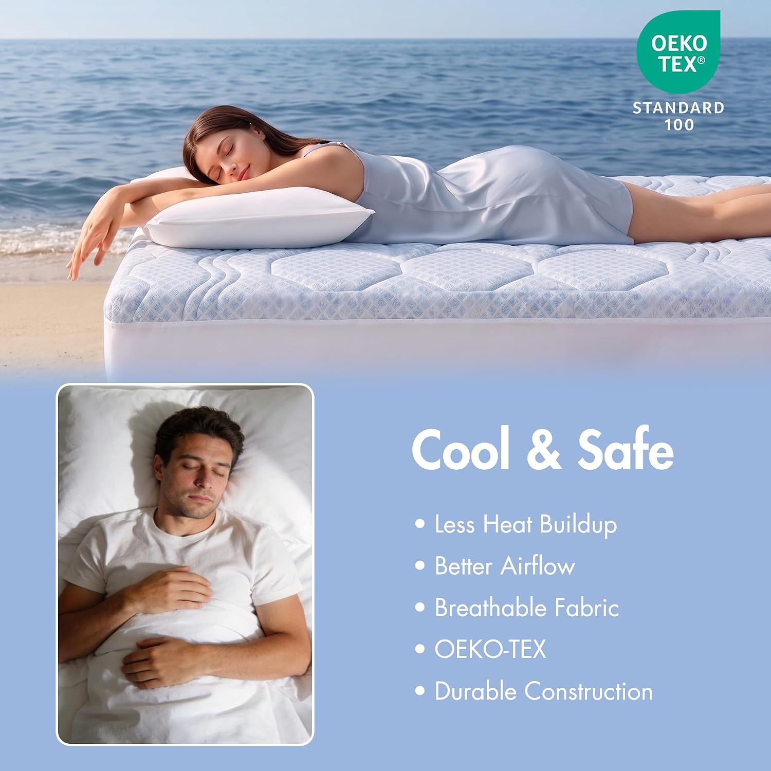 image:imageMadison Park 3Zone Breathable Knit Quilted Mattress Pad Blue Twin XL Naturally Cooling 3Zone Quilted Mattress Topper Cover 1518 inch Deep Pocket Elastic Skirt OEKOTEX CertifiedLight Blue