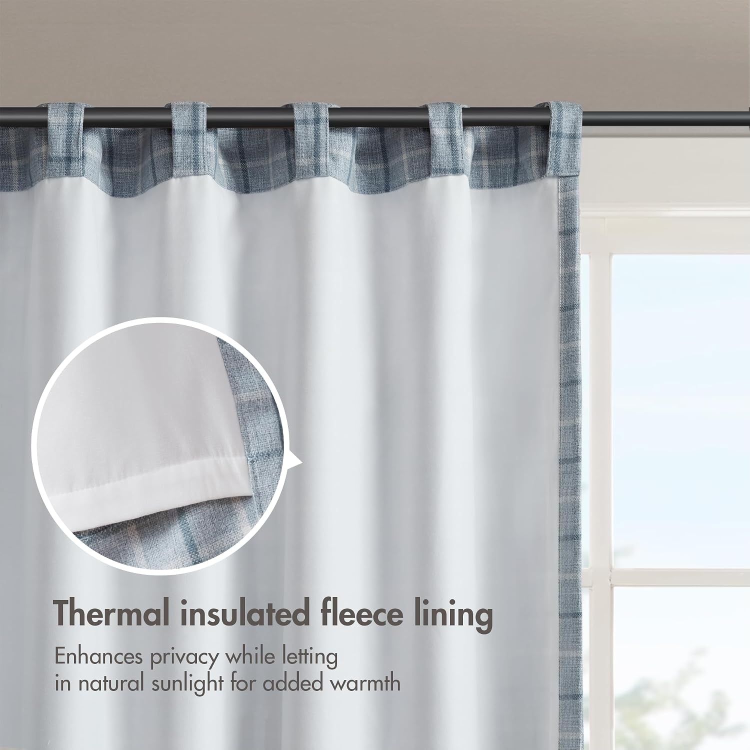 image:imageMadison Park Anaheim Cabin Plaid Curtain Window Thermal Insulated Fleece Lining Living Room Decor Room Darkening Drape for Bedroom 1Single Panel Pack 50x95 Rod Pocket amp Front Tab NeutralRod Pocket Back Tab Denim Blue