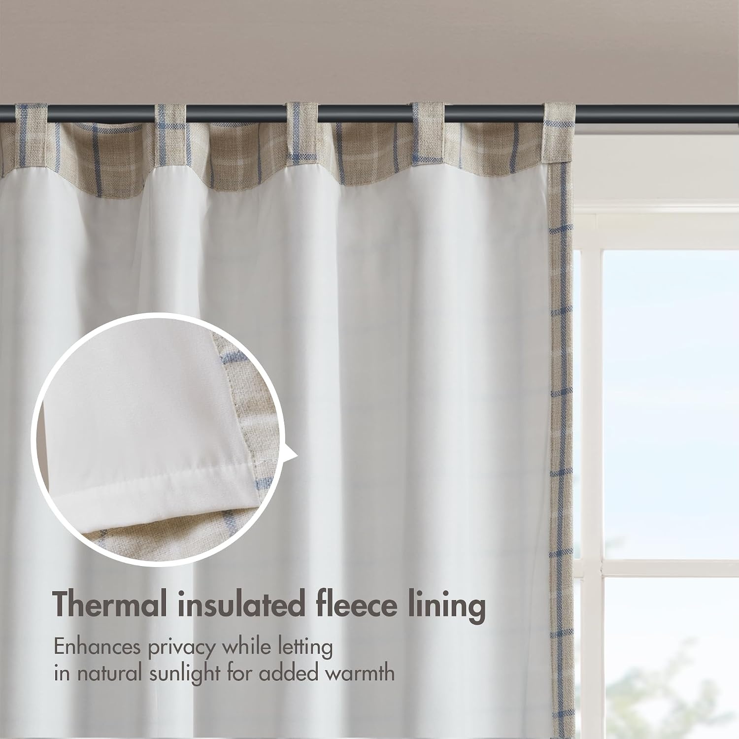 image:imageMadison Park Anaheim Cabin Plaid Curtain Window Thermal Insulated Fleece Lining Living Room Decor Room Darkening Drape for Bedroom 1Single Panel Pack 50x95 Rod Pocket amp Front Tab NeutralRod Pocket Back Tab Linen Blue