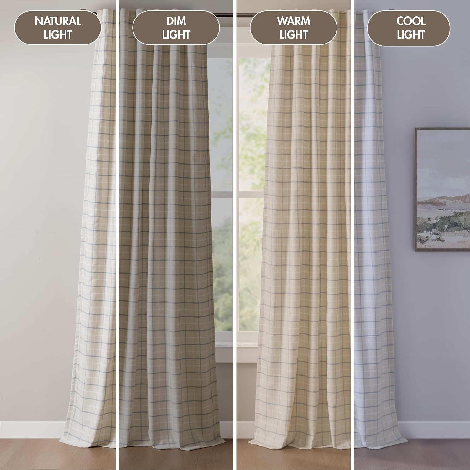 image:imageMadison Park Anaheim Cabin Plaid Curtain Window Thermal Insulated Fleece Lining Living Room Decor Room Darkening Drape for Bedroom 1Single Panel Pack 50x95 Rod Pocket amp Front Tab NeutralRod Pocket Back Tab Linen Blue