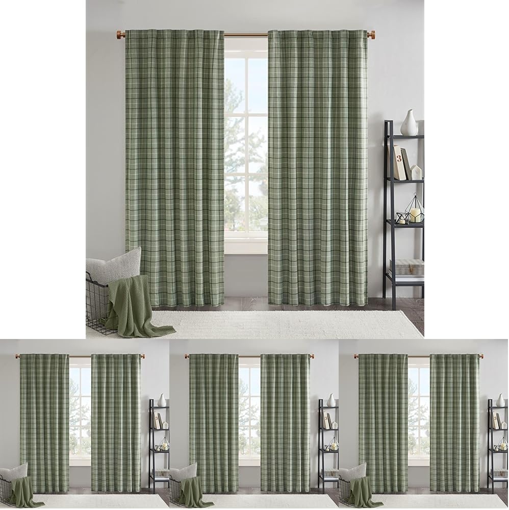 image:imageMadison Park Anaheim Cabin Plaid Curtain Window Thermal Insulated Fleece Lining Living Room Decor Room Darkening Drape for Bedroom 1Single Panel Pack 50x95 Rod Pocket amp Front Tab NeutralRod Pocket Green