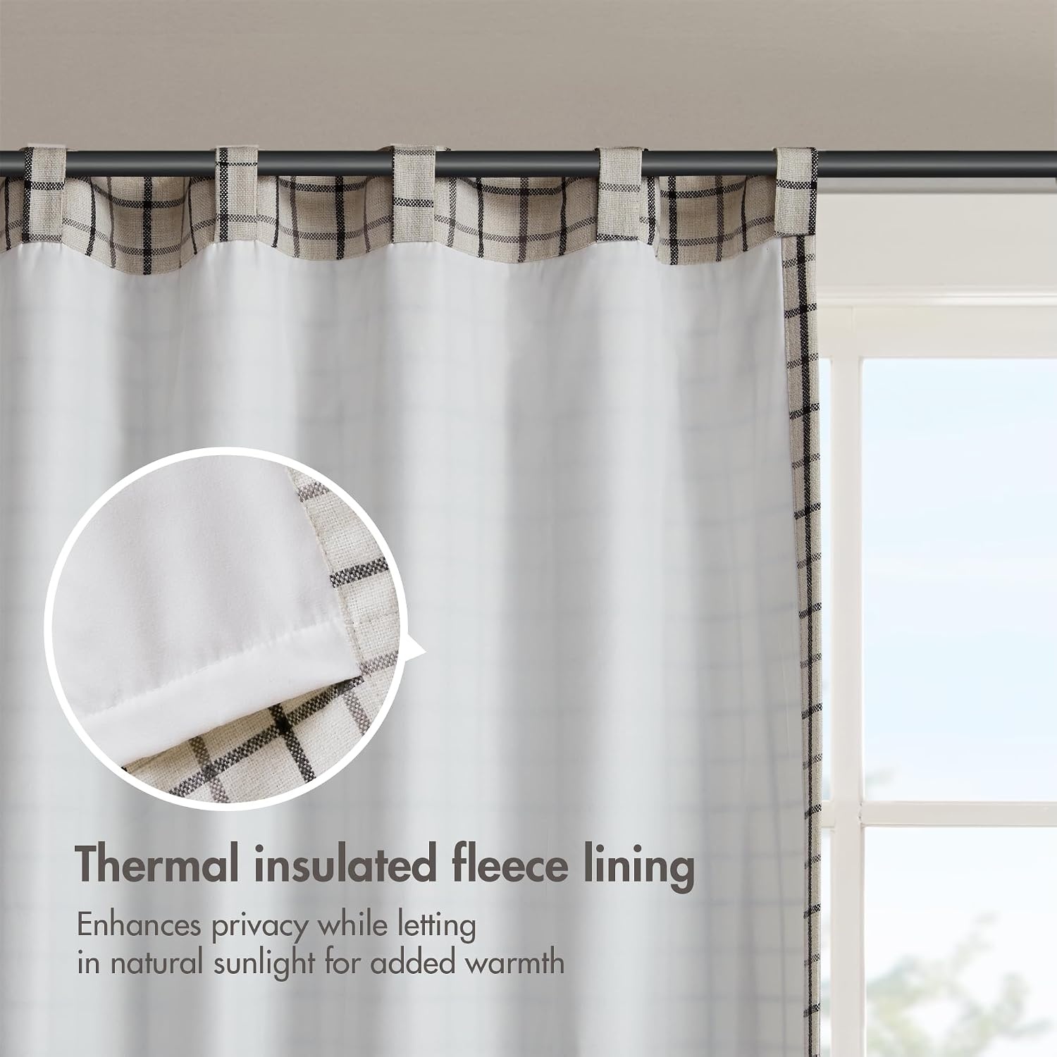 image:imageMadison Park Anaheim Cabin Plaid Curtain Window Thermal Insulated Fleece Lining Living Room Decor Room Darkening Drape for Bedroom 1Single Panel Pack 50x95 Rod Pocket amp Front Tab NeutralRod Pocket Back Tab Black