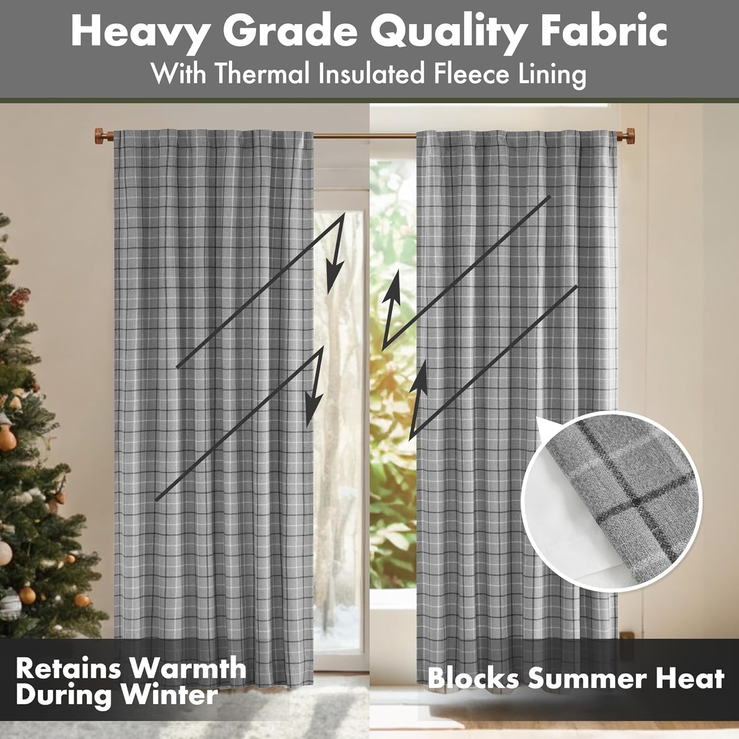image:imageMadison Park Anaheim Cabin Plaid Curtain Window Thermal Insulated Fleece Lining Living Room Decor Room Darkening Drape for Bedroom 1Single Panel Pack 50x95 Rod Pocket amp Front Tab NeutralRod Pocket Back Tab Grey
