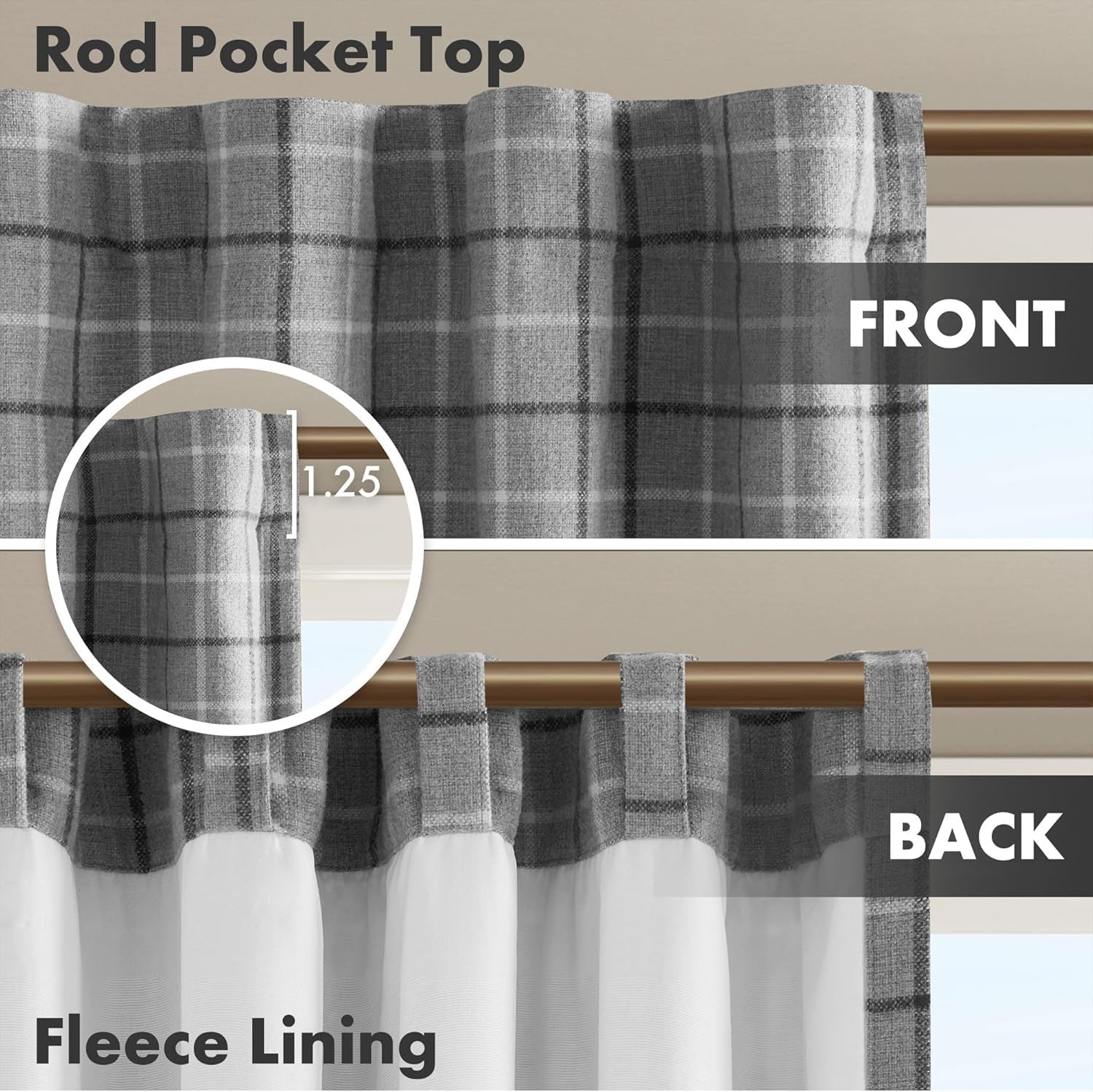 image:imageMadison Park Anaheim Cabin Plaid Curtain Window Thermal Insulated Fleece Lining Living Room Decor Room Darkening Drape for Bedroom 1Single Panel Pack 50x95 Rod Pocket amp Front Tab NeutralRod Pocket Back Tab Grey