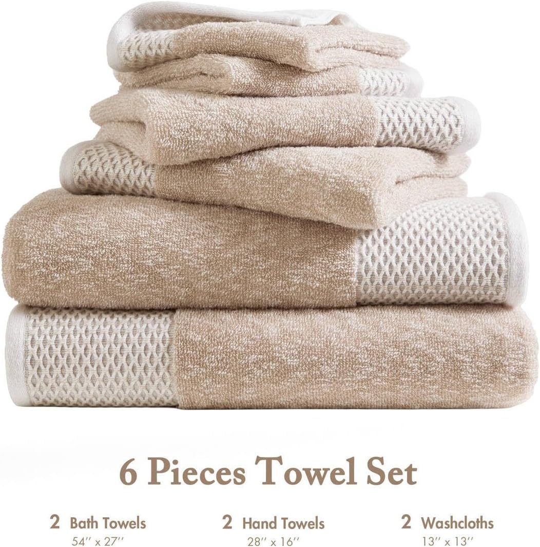 image:imageMadison Park Hayden 6 Piece Bath amp Hand Towel Set 550 GSM Charcoal YarnDyed Dobby Slub Texture 100 Combed Cotton 2 Bath 2 Hand 2 Washcloth Soft Absorbent Spa Hotel Quality TowelsBeige