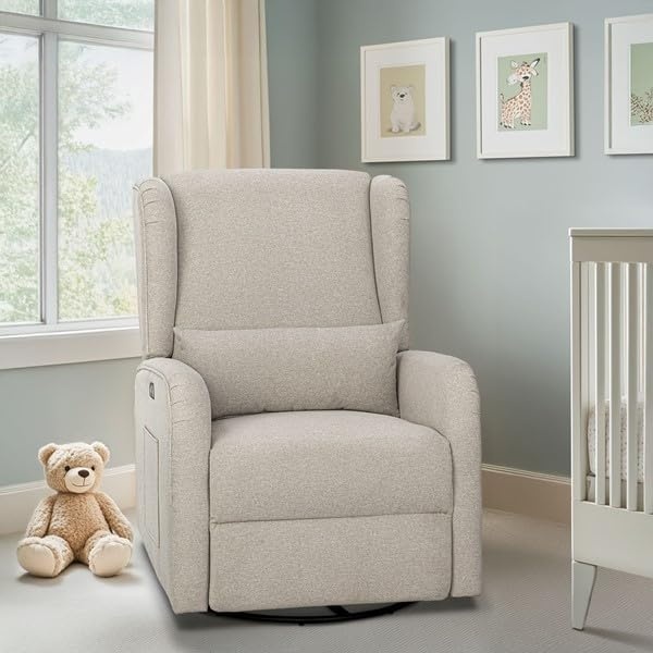 image:imageMadison Park Recliner amp Rocking Chair Glider Recliner Nursery Chair with Lumbar Pillow Swivel Rocker Recliner 3in1 Accent Chair with Side Pocket for Living Room Bedroom amp Small Spaces BlueBeige