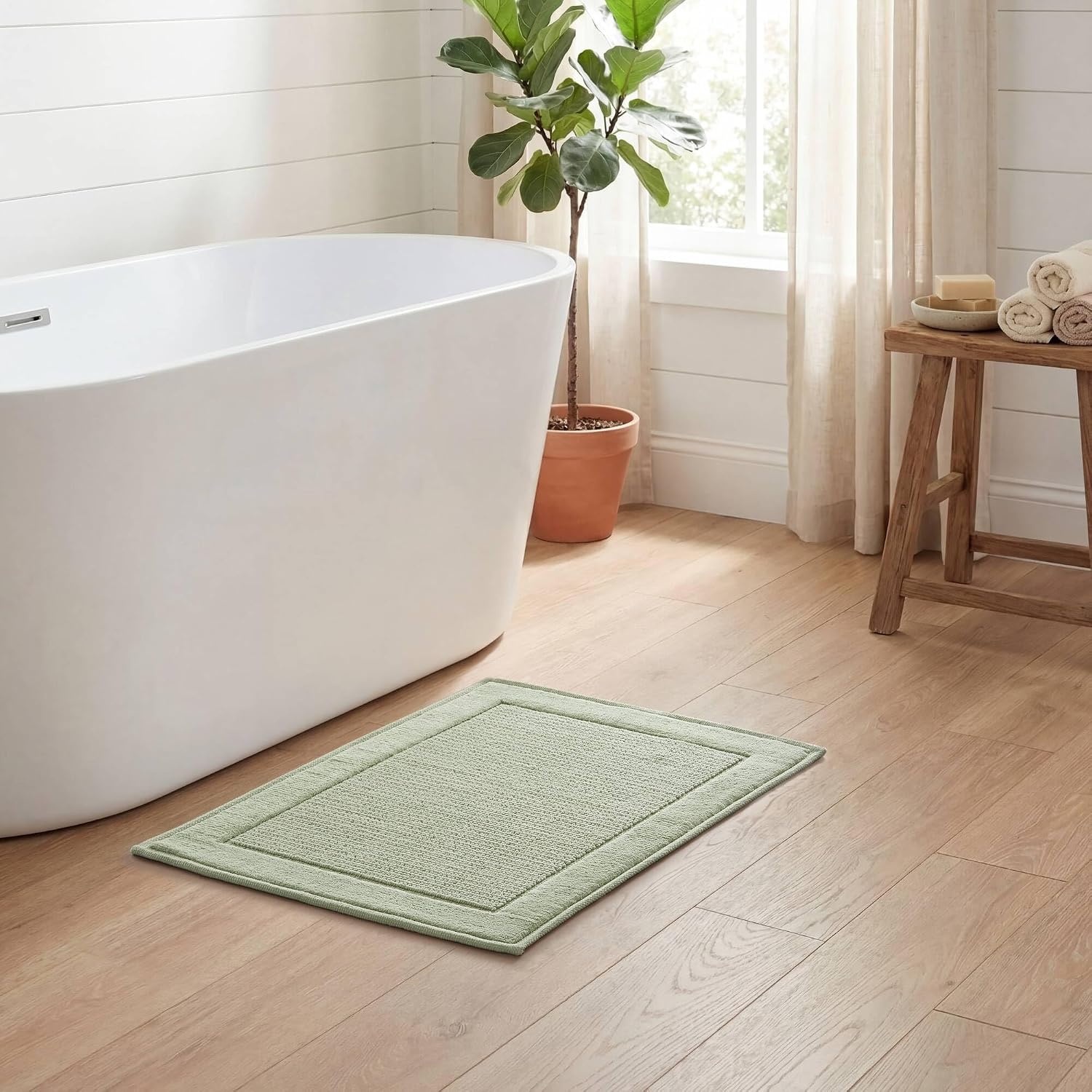 image:imageMadison Park Sanctuary 100 Cotton NonSlip Bath Rug for Bathroom Bedroom amp Entryway 20x32 Inch LowProfile Soft Absorbent Woven Bathroom Rug Machine Washable Sage GreenSage Green
