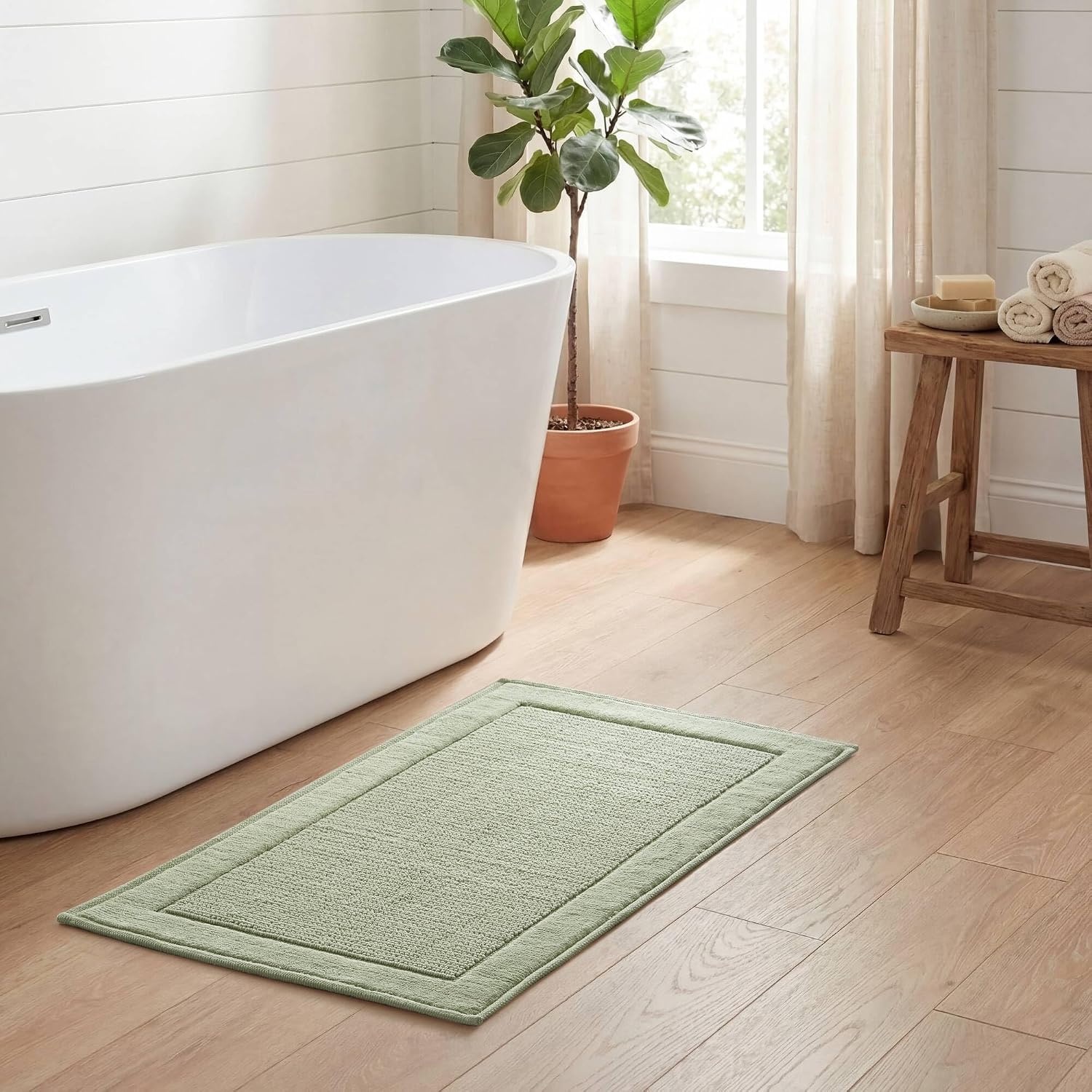 image:imageMadison Park Sanctuary 100 Cotton NonSlip Bath Rug for Bathroom Bedroom amp Entryway 20x32 Inch LowProfile Soft Absorbent Woven Bathroom Rug Machine Washable Sage GreenSage Green