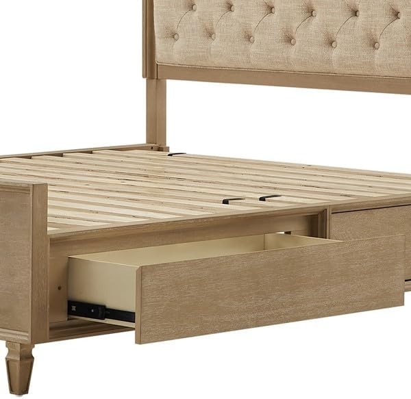 image:imageMadison Park Signature Queen Solid Wood Bed Frame with Upholstered Headboard Wood Slats Support No Box Spring Easy Assembly