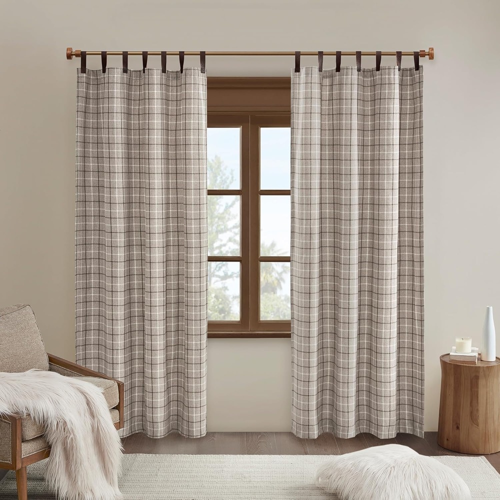 image:imageMadison Park Anaheim Cabin Plaid Curtain Window Thermal Insulated Fleece Lining Living Room Decor Room Darkening Drape for Bedroom 1Single Panel Pack 50x95 Rod Pocket amp Front Tab NeutralFaux Leather Tab Top Brown
