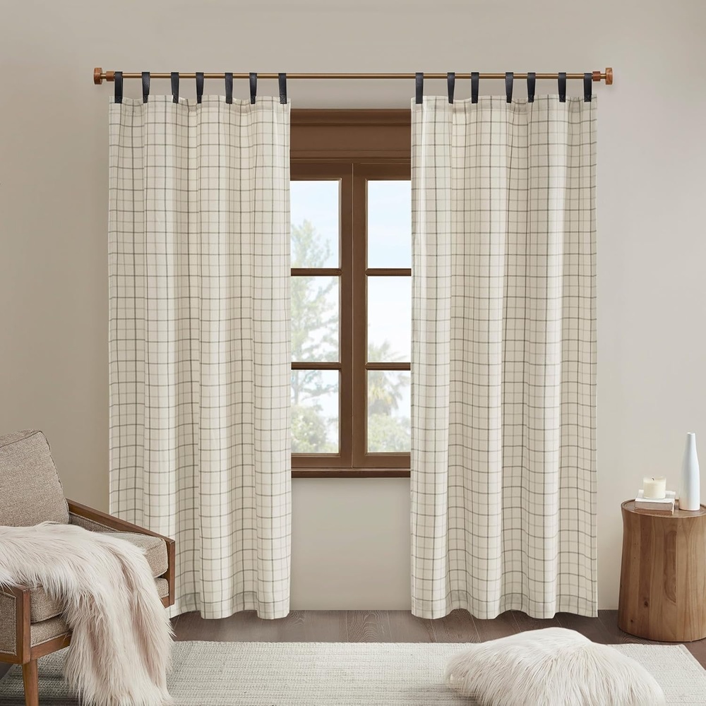 image:imageMadison Park Anaheim Cabin Plaid Curtain Window Thermal Insulated Fleece Lining Living Room Decor Room Darkening Drape for Bedroom 1Single Panel Pack 50x95 Rod Pocket amp Front Tab NeutralFaux Leather Tab Top  Natural