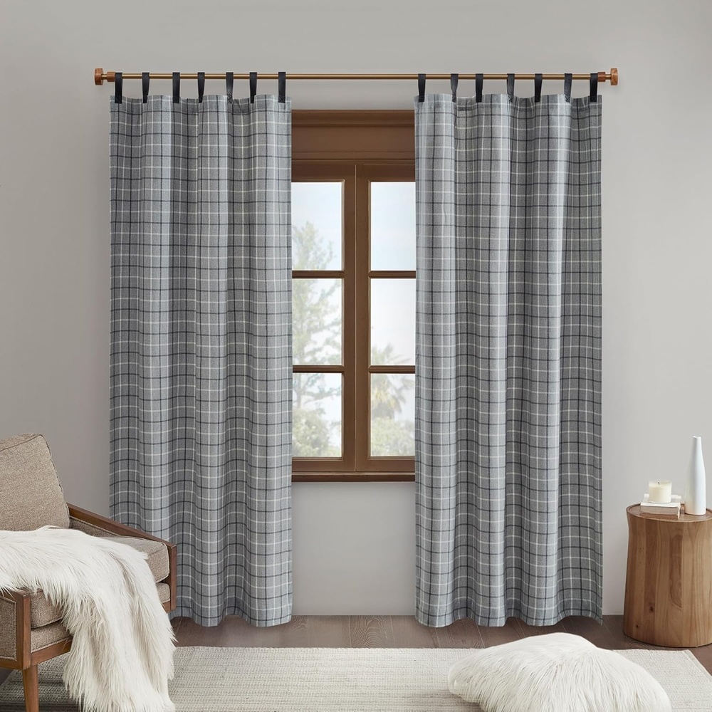 image:imageMadison Park Anaheim Cabin Plaid Curtain Window Thermal Insulated Fleece Lining Living Room Decor Room Darkening Drape for Bedroom 1Single Panel Pack 50x95 Rod Pocket amp Front Tab NeutralFaux Leather Tab Top  Grey