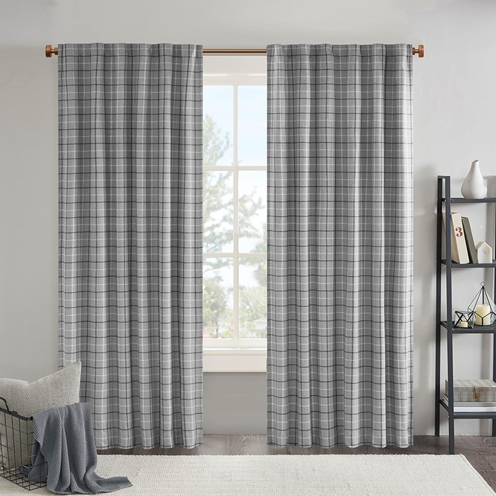 image:imageMadison Park Anaheim Cabin Plaid Curtain Window Thermal Insulated Fleece Lining Living Room Decor Room Darkening Drape for Bedroom 1Single Panel Pack 50x95 Rod Pocket amp Front Tab NeutralRod Pocket Back Tab Grey