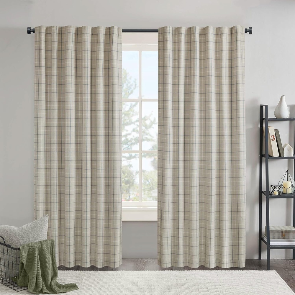 image:imageMadison Park Anaheim Cabin Plaid Curtain Window Thermal Insulated Fleece Lining Living Room Decor Room Darkening Drape for Bedroom 1Single Panel Pack 50x95 Rod Pocket amp Front Tab NeutralRod Pocket Back Tab Linen Blue