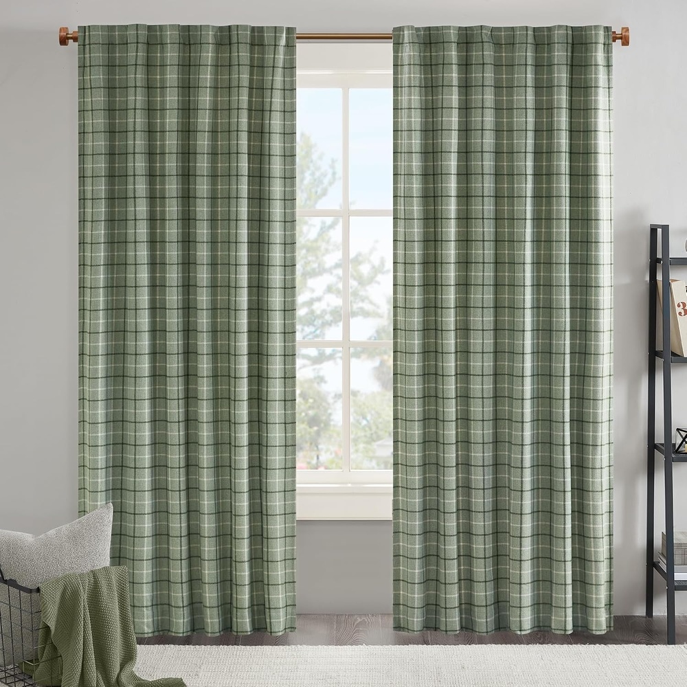 image:imageMadison Park Anaheim Cabin Plaid Curtain Window Thermal Insulated Fleece Lining Living Room Decor Room Darkening Drape for Bedroom 1Single Panel Pack 50x95 Rod Pocket amp Front Tab NeutralRod Pocket Back Tab Green