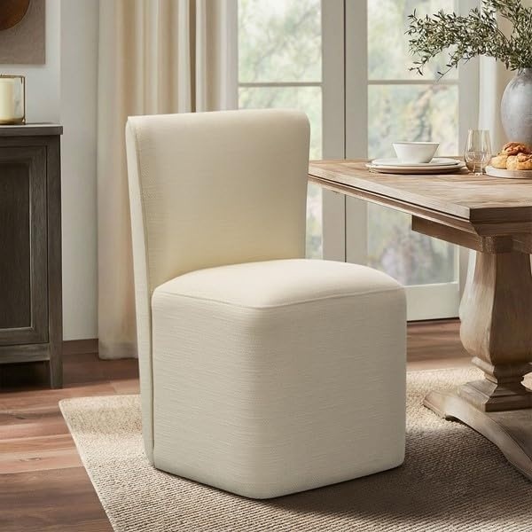 image:imageMadison Park Dining Chair with Casters Modern Armless Upholstered Dining Room Chair Cream Basketweave Fabric Accent Chair with Hidden Wheels Compact Cube Base Side Chair for Kitchen Dining Room