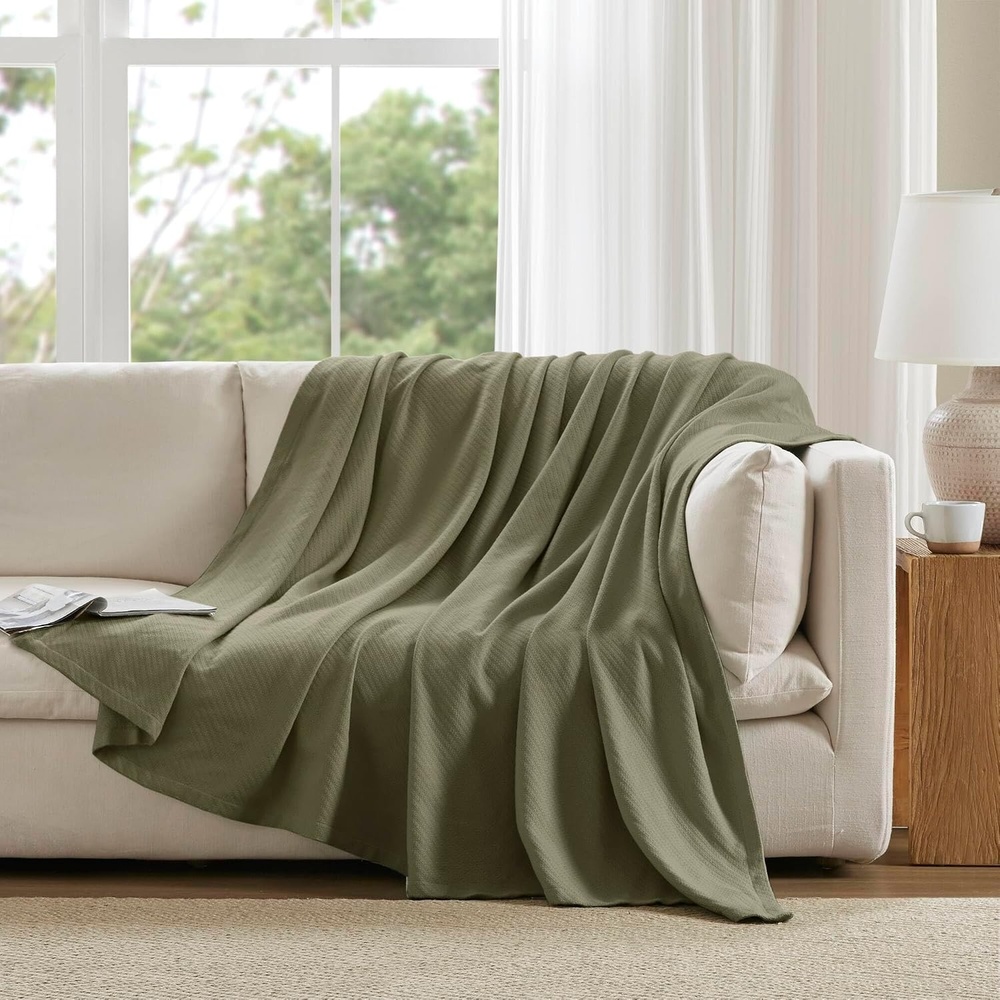 image:imageMadison Park Liquid Cotton Blanket Breathable Softer Ring Spun Weave Diamond Motif Luxurious 100 Cotton All Seasons Lightweight Summer Blanket for Bed Couch Office Olive Green FullQueenOlive Green